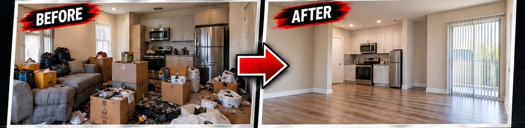 Illustrative before and after photos of an apartment